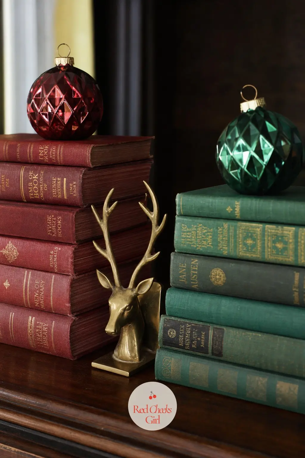 Burgundy and Forest Green Book Stacks With Jewel Tone Ornaments — Pull every burgundy and forest green spined book off the shelves in the house and restack