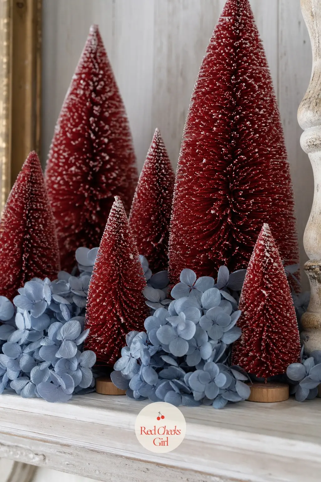 Cherry Red Bottle Brush Trees With Dusty Blue Hydrangea — Cluster three or four cherry red bottle brush trees together rather than spacing them out, then tuck