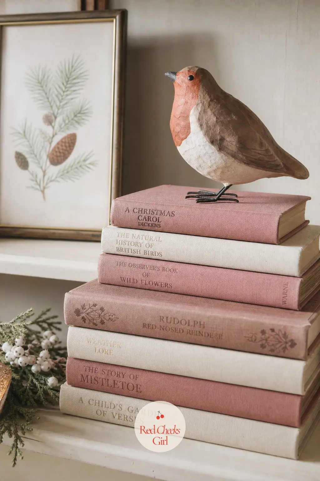 Dusty Rose and Cream Book Stacks With a Paper Mache Robin — Soften the usual red and green with dusty rose and cream book spines instead, stacked low and wide