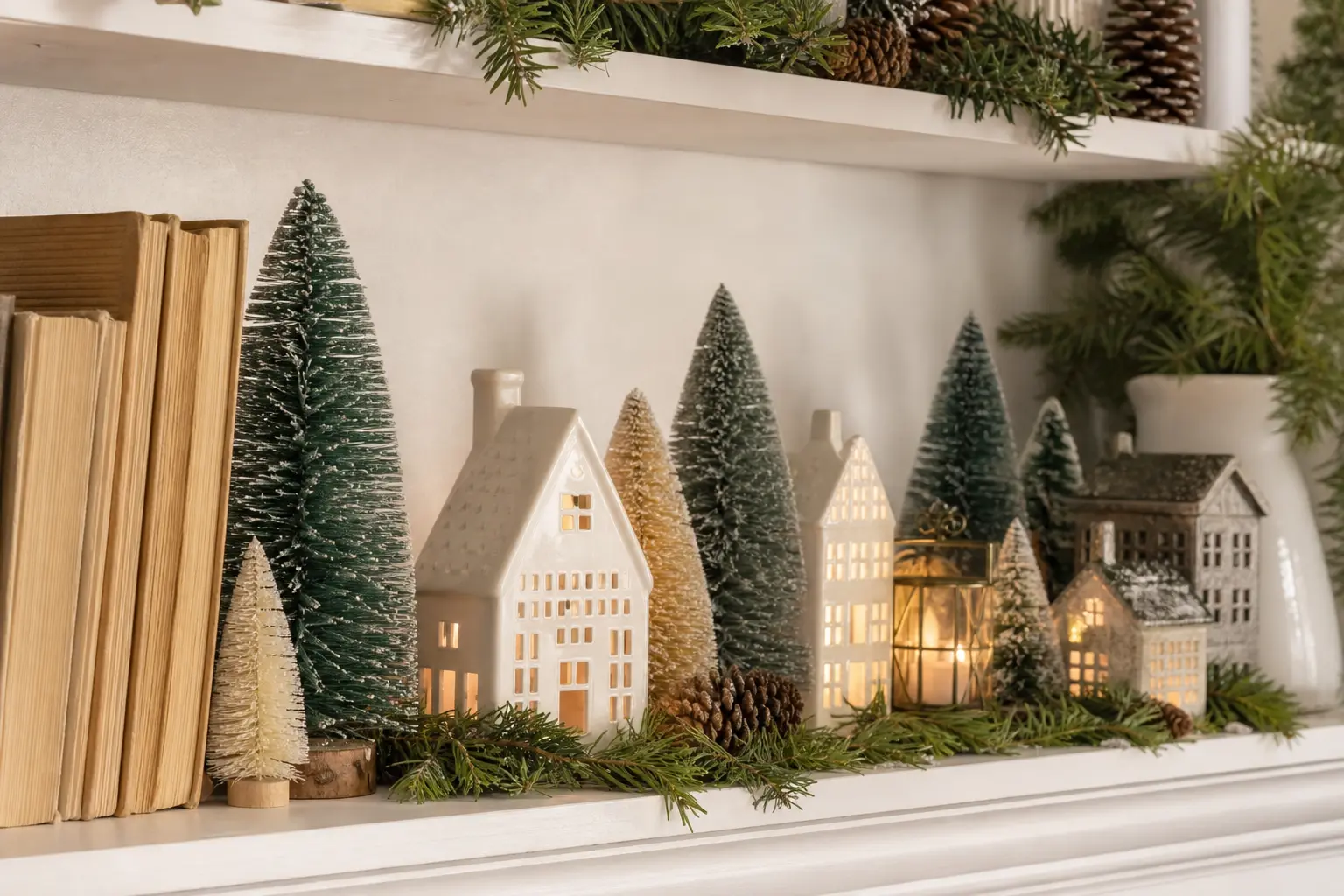15 Christmas Shelf Decor Ideas With Bottle Brush Trees, Books and Tiny Villages