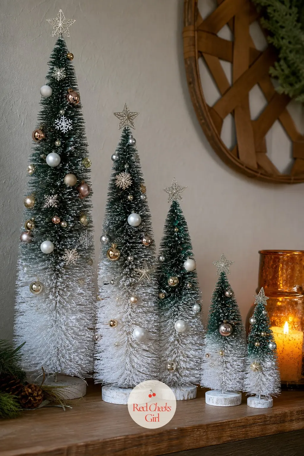 Ombre Bottle Brush Trees in Forest Green and Frost White — Line up five or six bottle brush trees along the shelf, graduating from deep forest green at one end