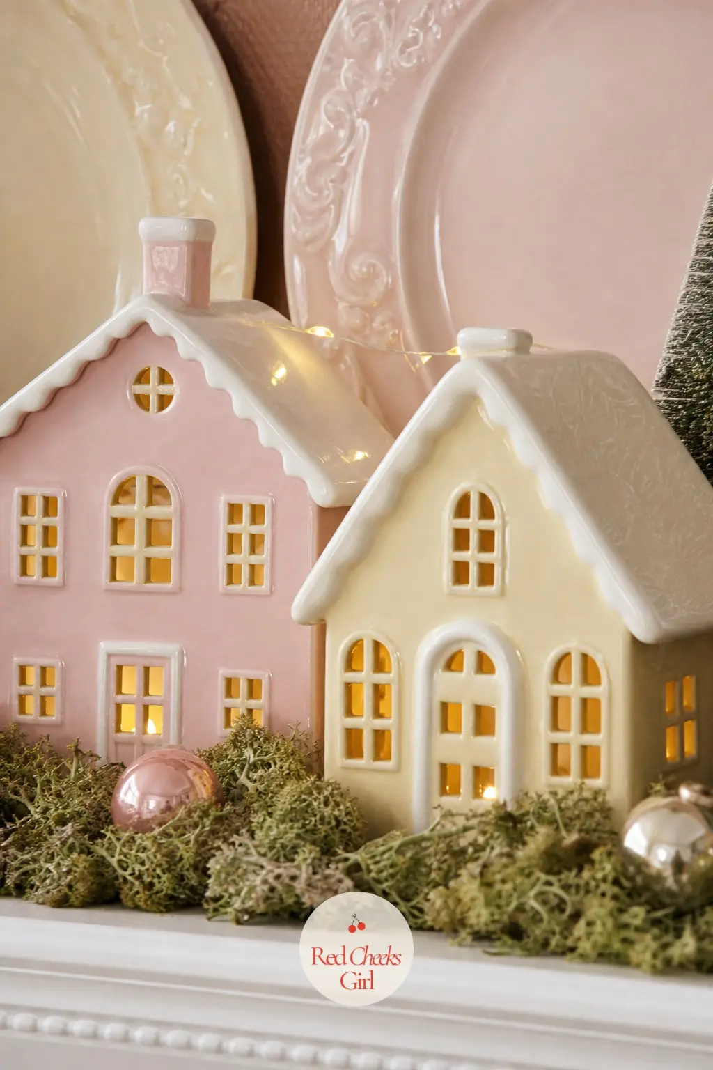 Pastel Cottages Nested in Moss With Butter Yellow Windows — Swap the usual white and silver village for pastel pink and butter yellow cottages nestled into a