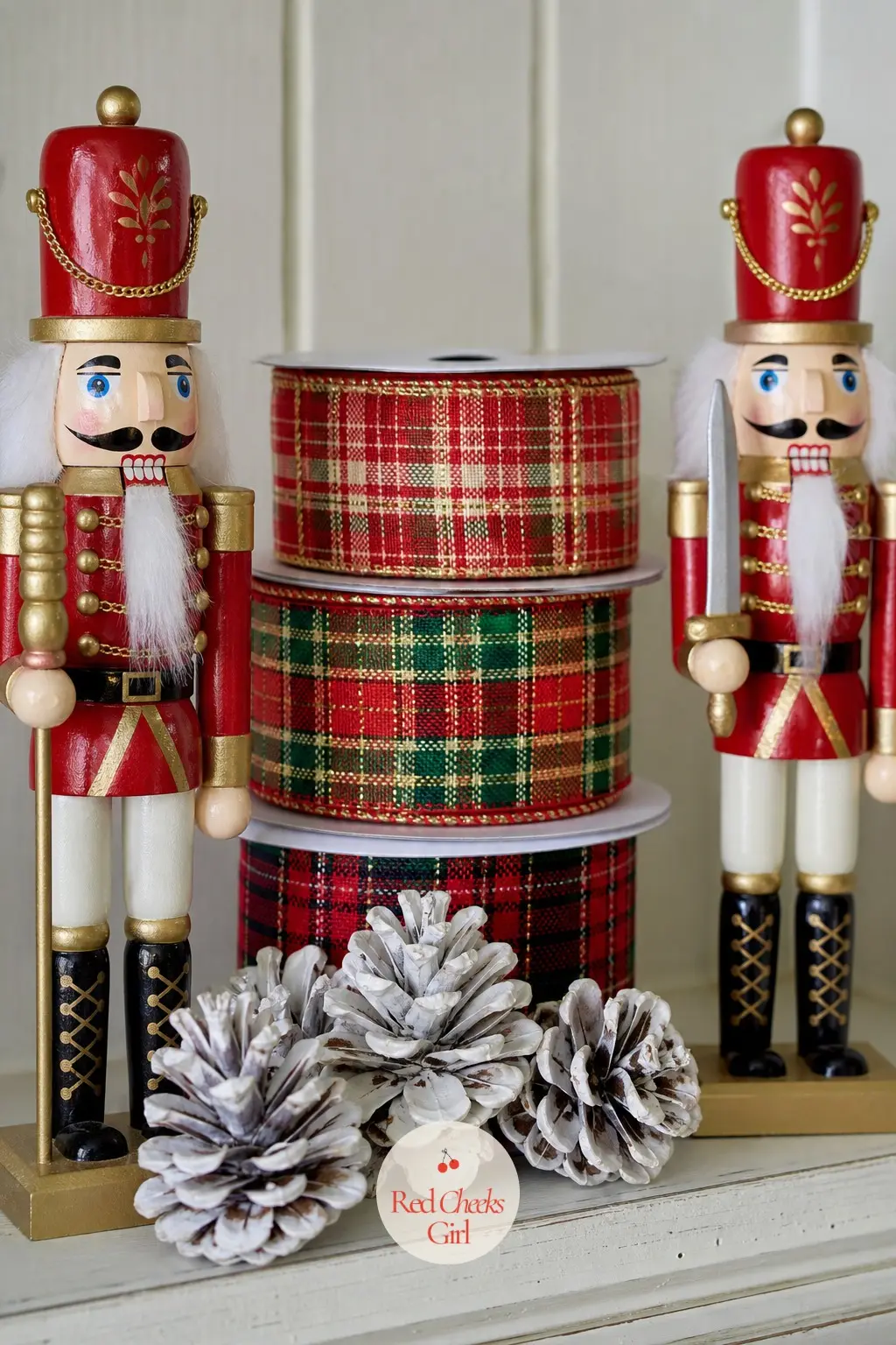 Red and Gold Nutcrackers With Plaid Ribbon and Painted Pinecones — A pair of nutcrackers in classic red and gold still earns its place on a shelf, especially