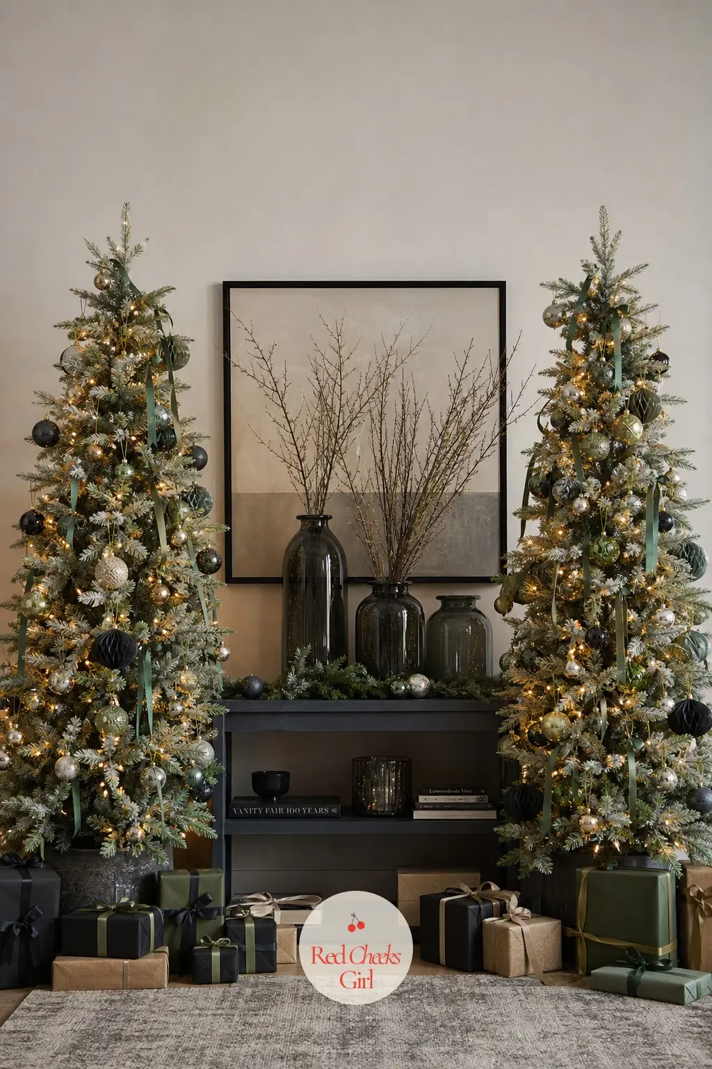Sage and Charcoal Bottle Brush Trees With Smoked Glass Vases — Two oversized sage green trees either side of three small smoked glass bud vases make a quieter