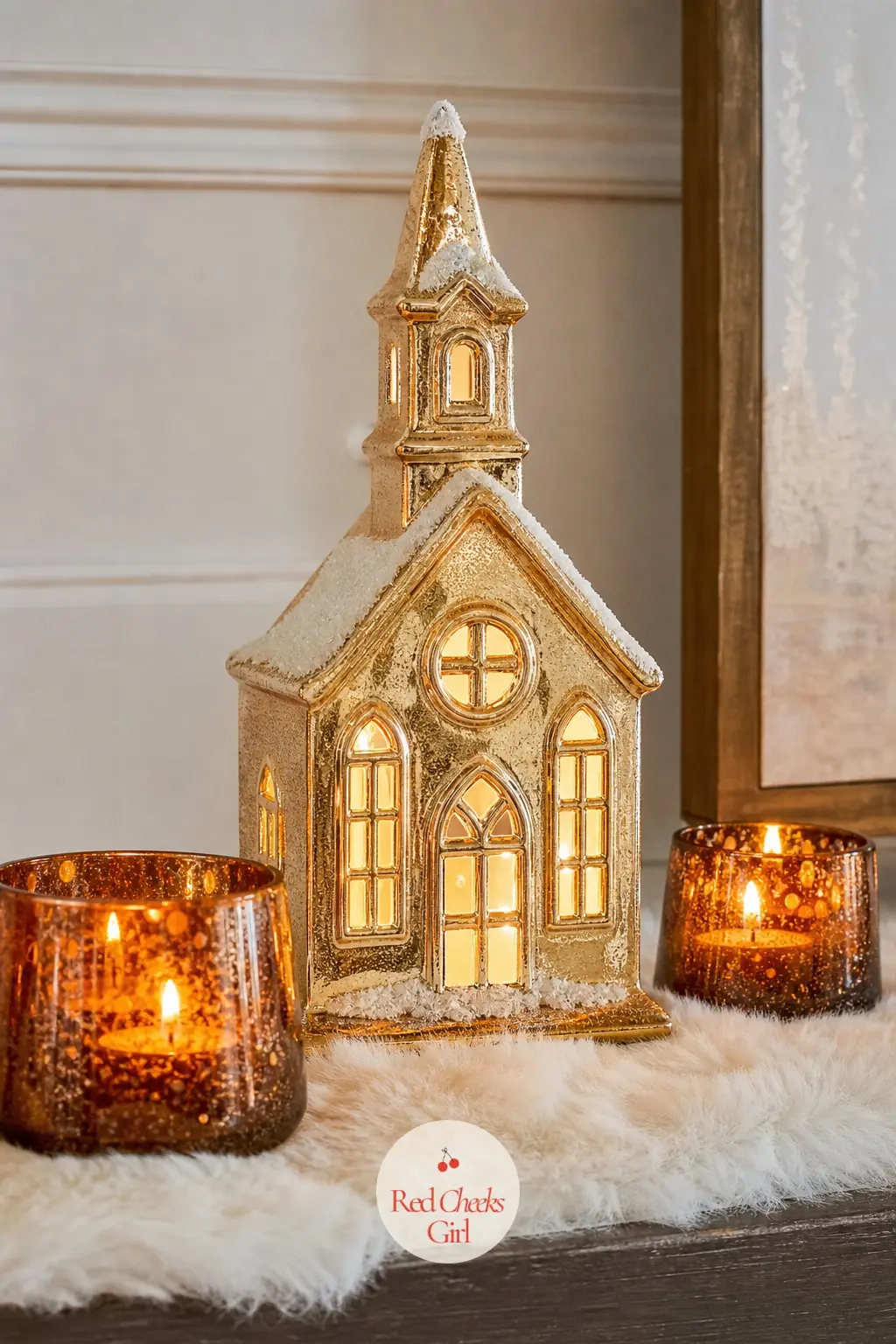 A Single Gold Lit Church With Ivory Faux Fur and Amber Votives — One large, warmly lit ceramic church standing alone has more presence than a whole shelf of
