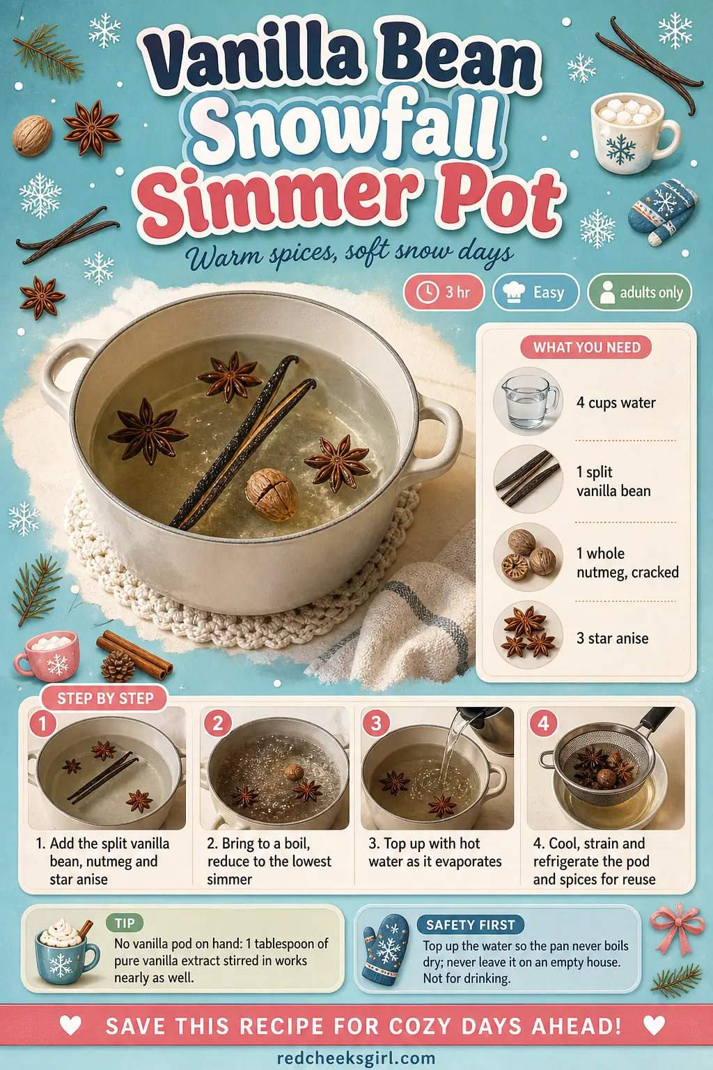 Vanilla Bean Snowfall Simmer Pot Craft Card printable sheet. Christmas simmer pot recipes