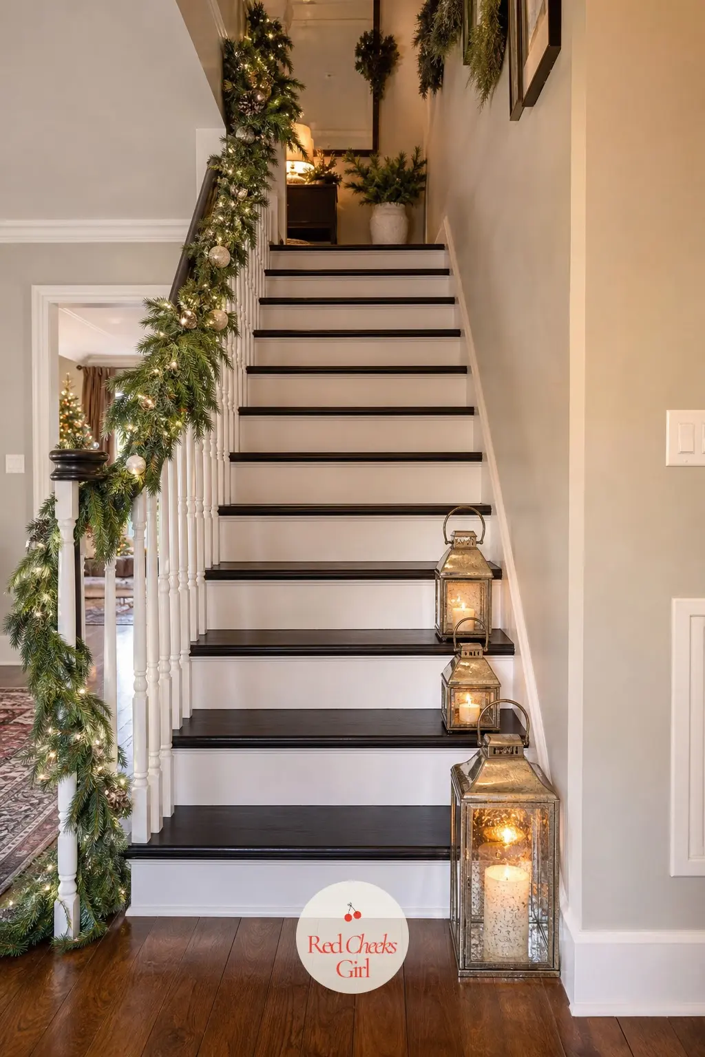 A Climbing Cluster of Graduated Mercury Glass Lanterns Up One Side of the Staircase — Mercury glass lanterns in three graduated sizes climb one side of the