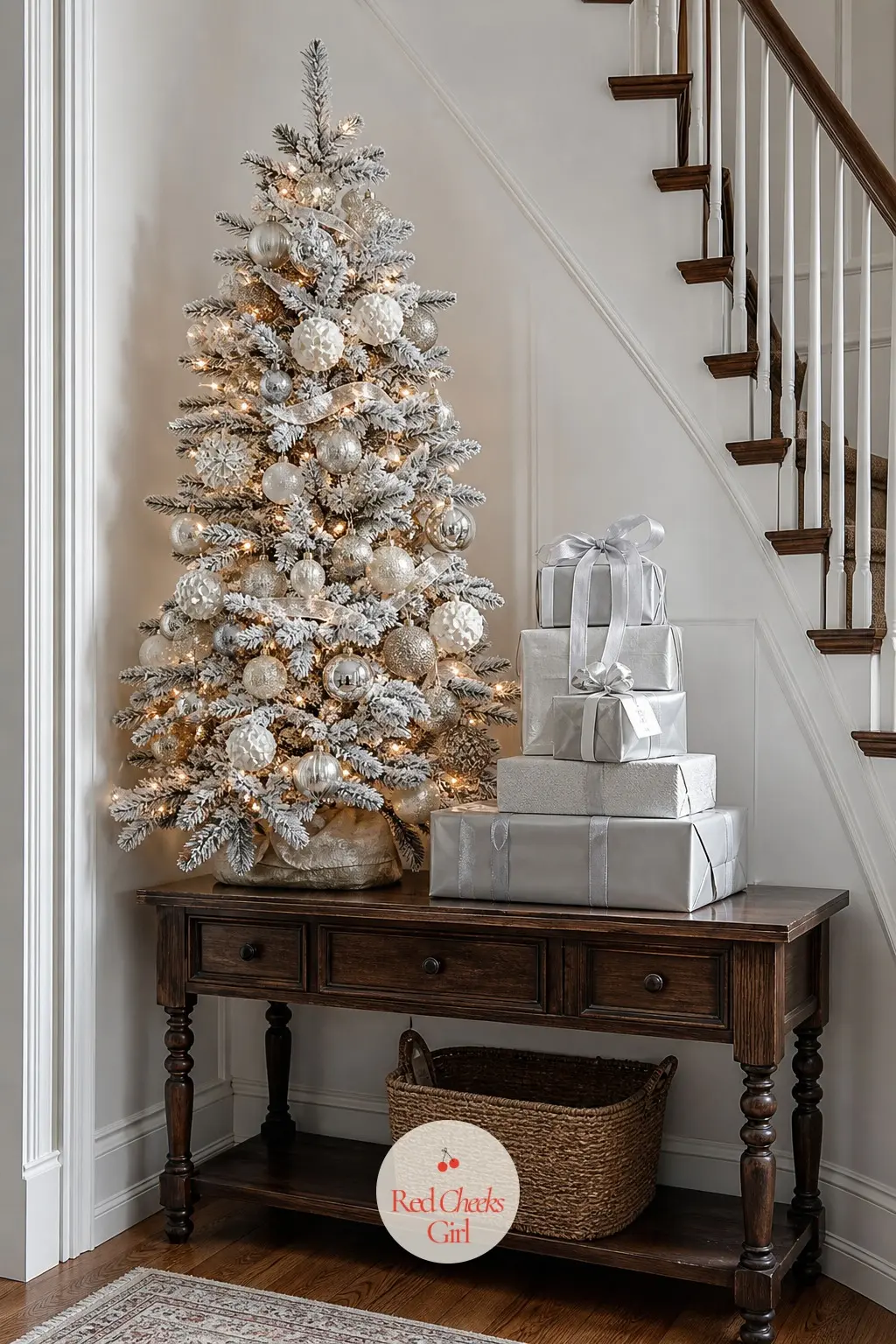 A Landing Console Styled With a Flocked Mini Tree and Stacked Wrapped Boxes — A small console table on the landing holds one flocked miniature tree and a short