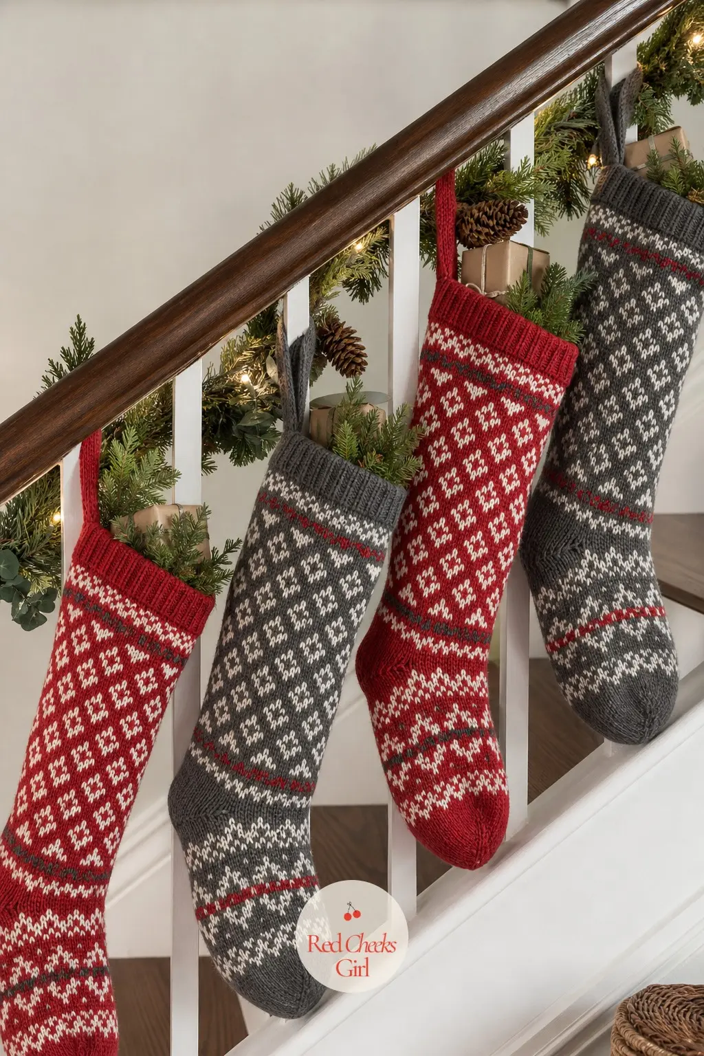 A Line of Fair Isle Knit Stockings Alternating Red and Charcoal Patterns — Chunky Fair Isle knit stockings alternate a red and cream pattern with a charcoal