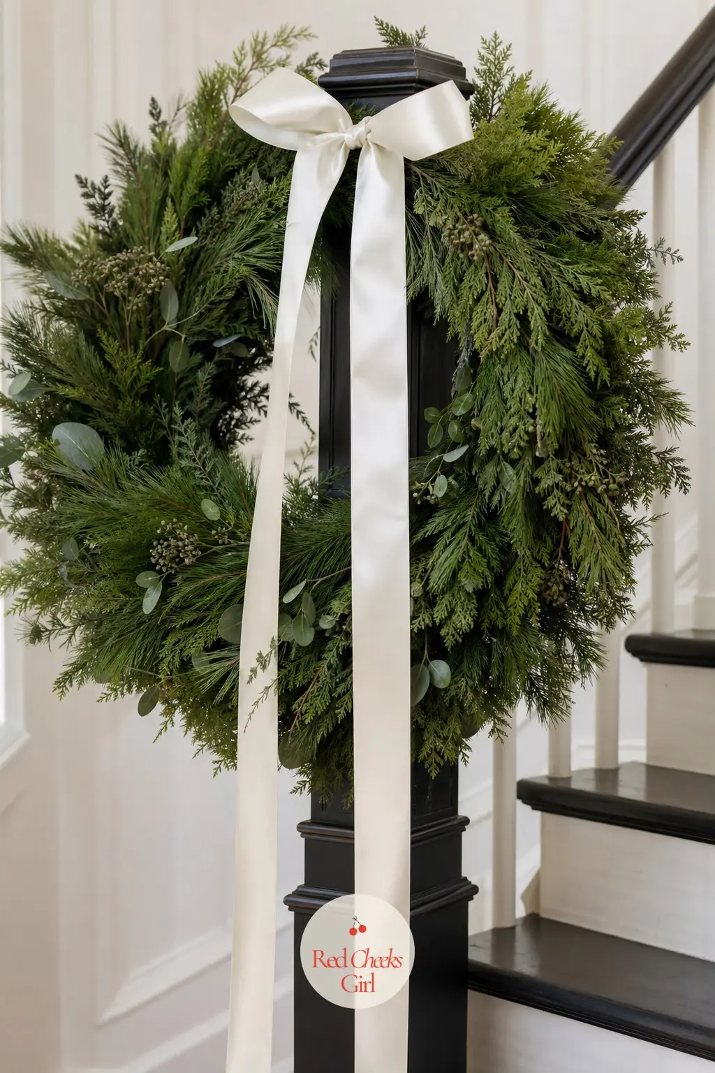 A Newel Post Topped With an Oversized Fresh Wreath and Trailing Ribbon Streamers — A single oversized fresh wreath sits flat against the top of the newel post