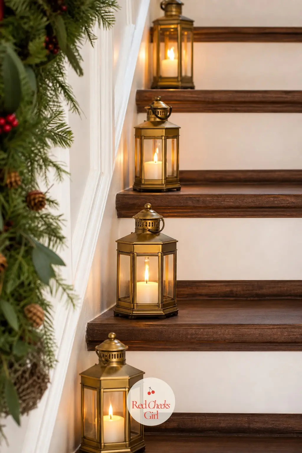 A Row of Brass Lanterns Set on Alternating Steps With Flickering Candles — Small brass lanterns sit on alternating steps up one side of the staircase, each
