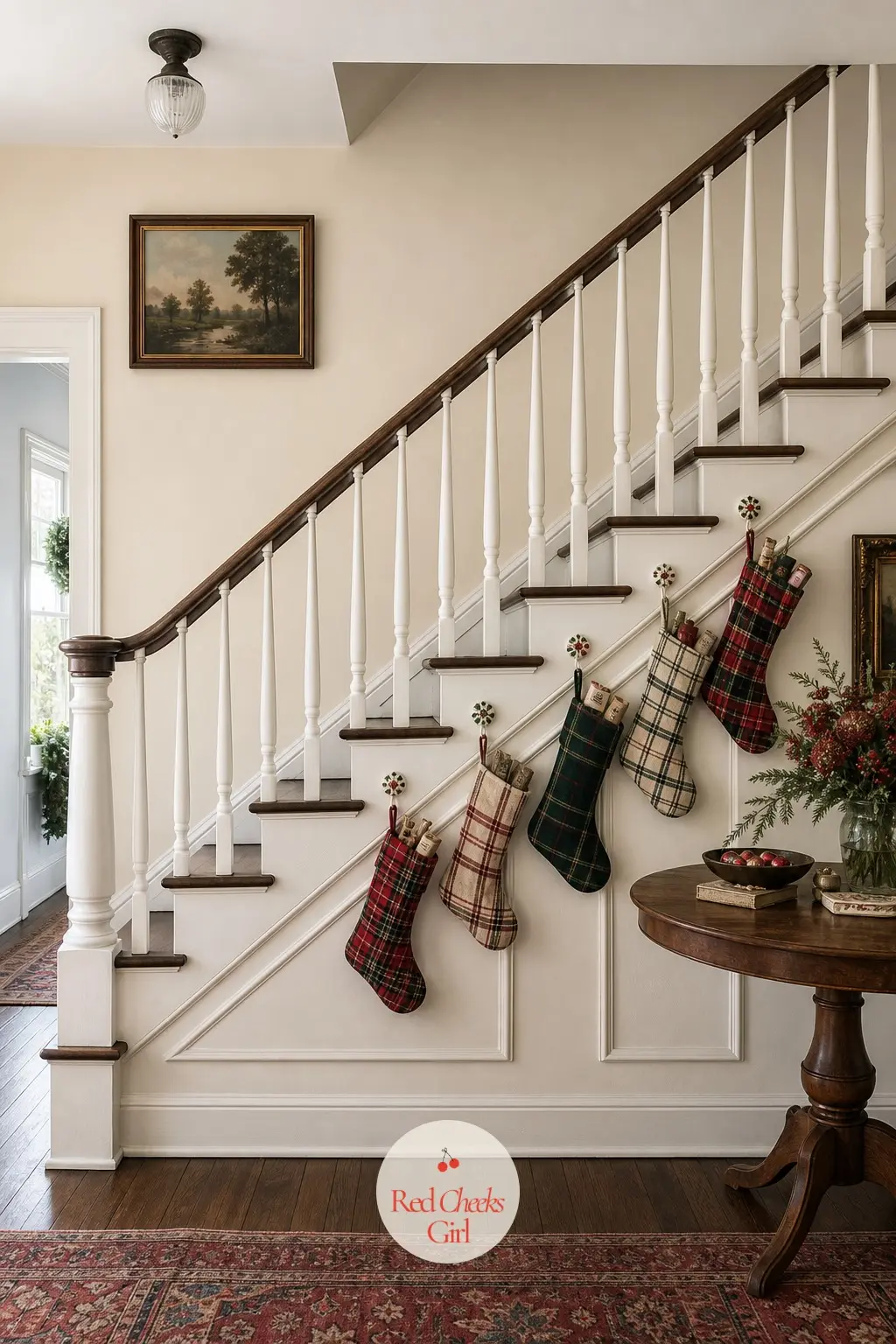 A Set of Mismatched Plaid Wool Stockings Hung From the Staircase Wall on Painted Ceramic Hooks — Rather than clipping to the rail, these stockings hang from