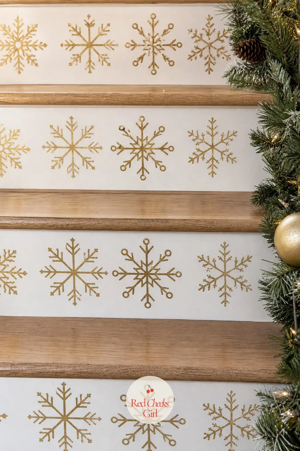 Stair Risers Hand-Stenciled With Metallic Gold Snowflakes — A single snowflake motif, stenciled in metallic gold, repeats across the vertical face of each
