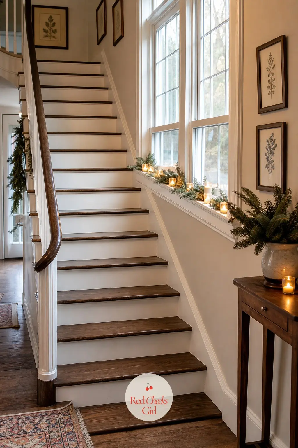 A Staircase Window Ledge Lined With Battery Votive Candles and Pine Sprigs — If the staircase runs past a window, the ledge takes a simple line of small glass
