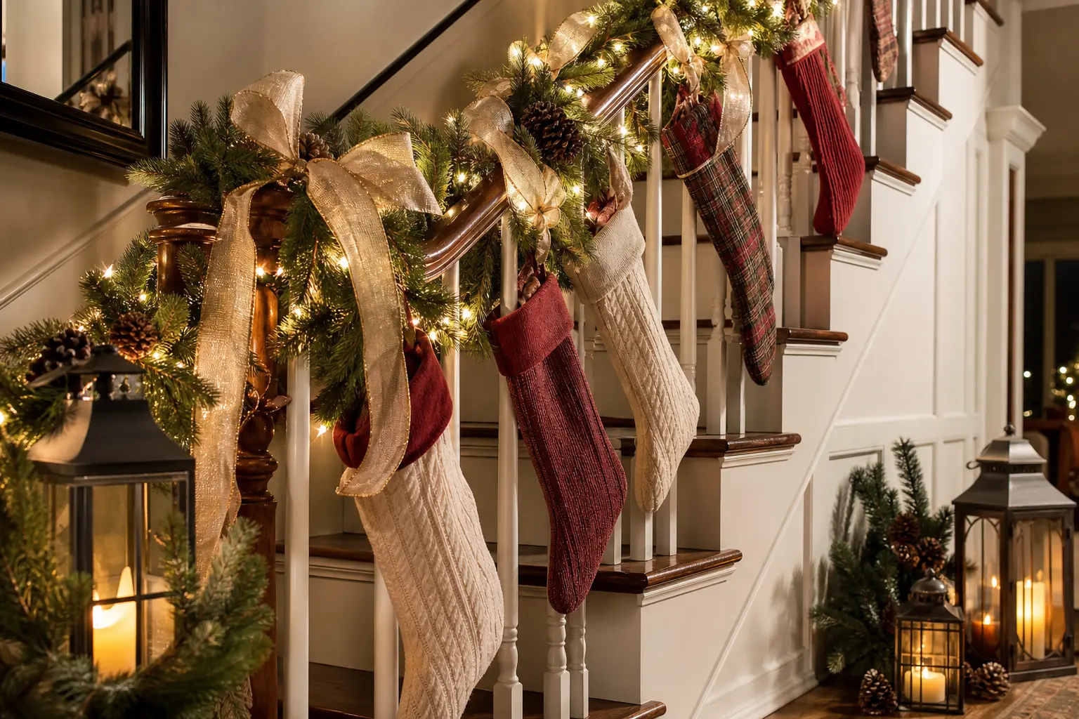 15 Christmas Staircase Decor Ideas With Stockings, Lanterns and Ribbon-Wrapped Rails