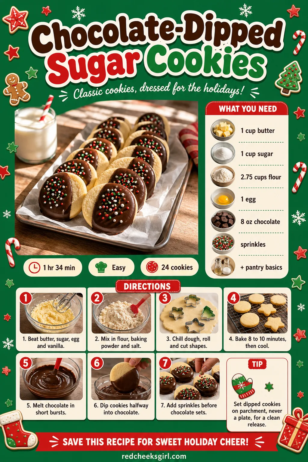 Chocolate-Dipped Sugar Cookies Recipe Card printable sheet — Printable card for cookies dipped halfway in chocolate with sprinkles. Christmas sugar cookies