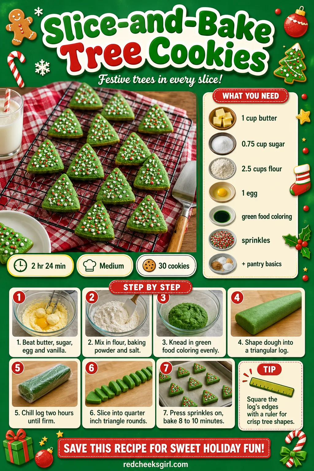 Slice-and-Bake Tree Cookies Recipe Card printable sheet — Printable card for triangular slice-and-bake dough that bakes into tree shapes. Christmas sugar