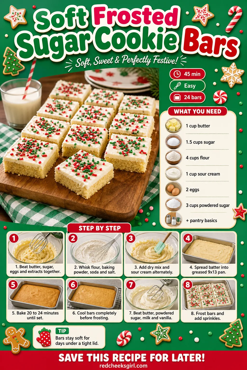 Soft Frosted Sugar Cookie Bars Recipe Card printable sheet — Printable card for one-pan frosted bars cut into squares. Christmas sugar cookies