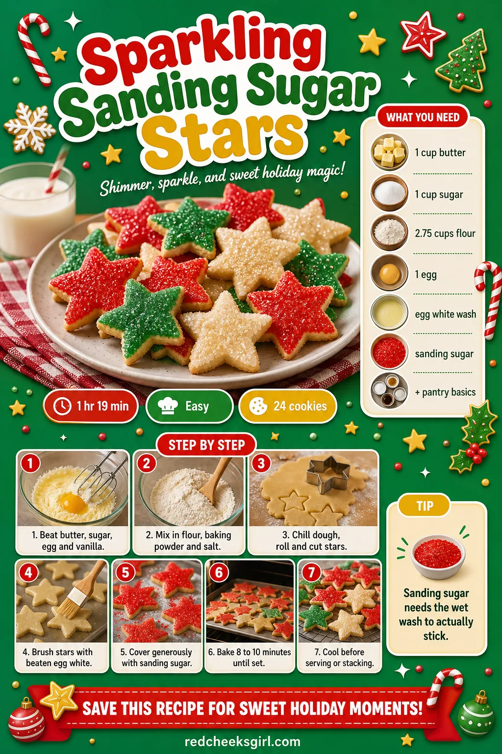 Sparkling Sanding Sugar Stars Recipe Card printable sheet — Printable card for star cookies coated heavily in coarse sanding sugar. Christmas sugar cookies