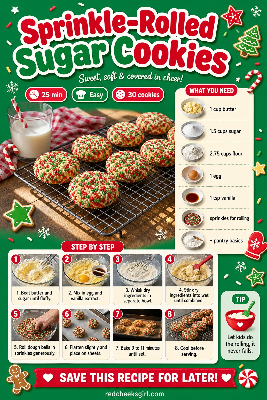 Sprinkle-Rolled Sugar Cookies Recipe Card printable sheet — Printable card for the no-cutter, kid-rolled sprinkle cookie. Christmas sugar cookies