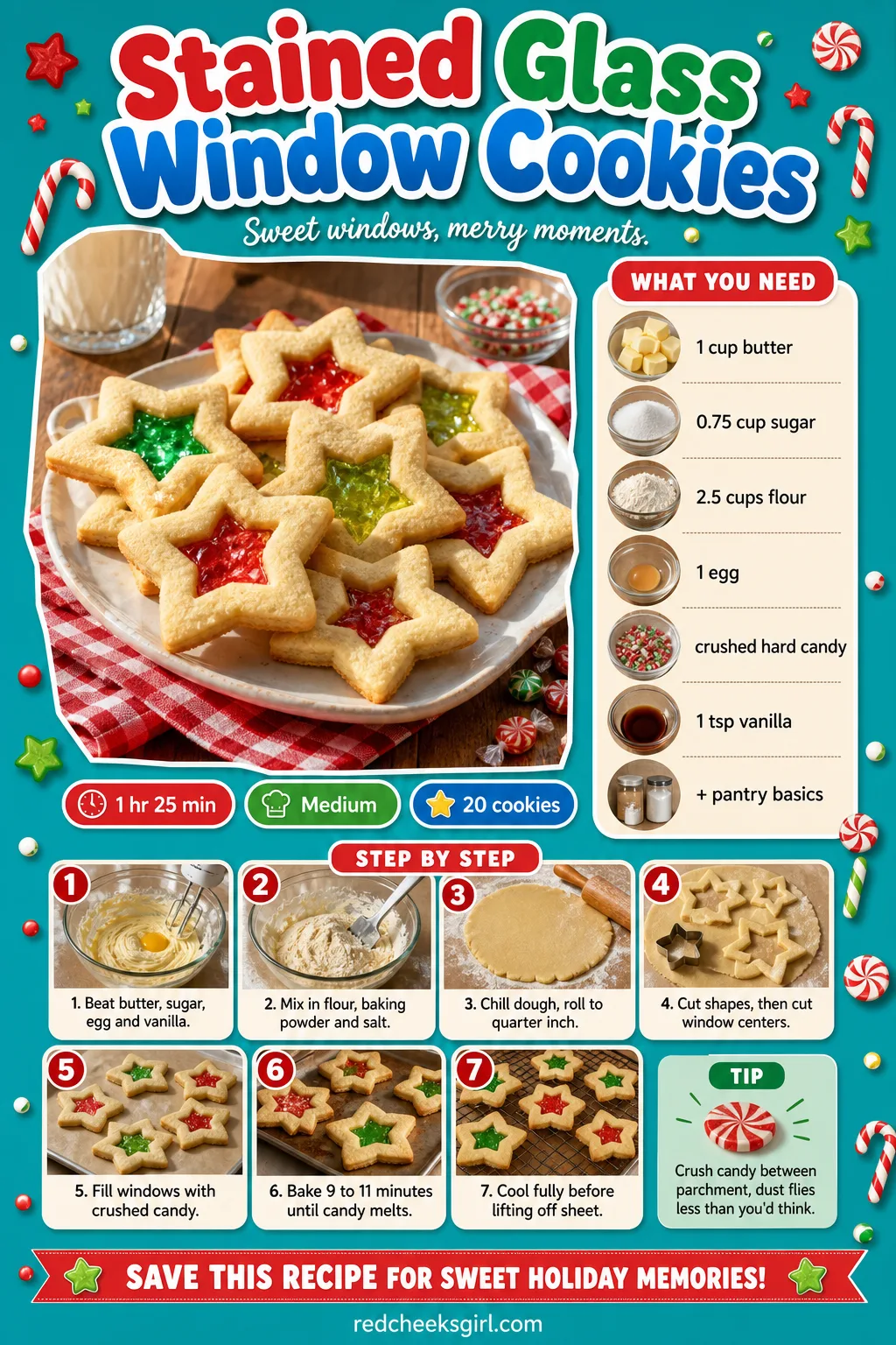 Stained Glass Window Cookies Recipe Card printable sheet — Printable card for cookies with a melted candy glass center. Christmas sugar cookies