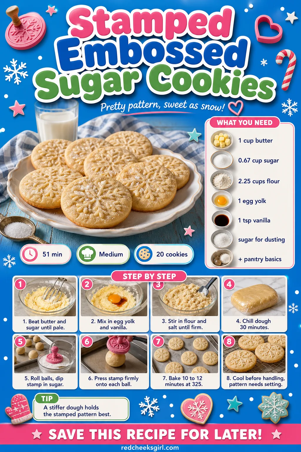 Stamped Embossed Sugar Cookies Recipe Card printable sheet — Printable card for cookies pressed with a decorative stamp. Christmas sugar cookies
