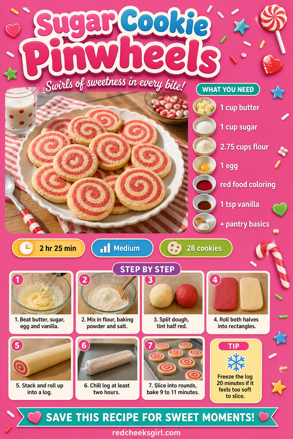 Sugar Cookie Pinwheels Recipe Card printable sheet — Printable card for red and cream swirled pinwheel slice cookies. Christmas sugar cookies