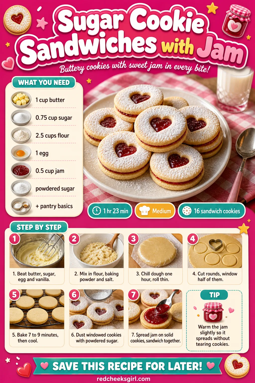 Sugar Cookie Sandwiches with Jam Recipe Card printable sheet — Printable card for jam-filled sandwich cookies with a sugared window. Christmas sugar cookies