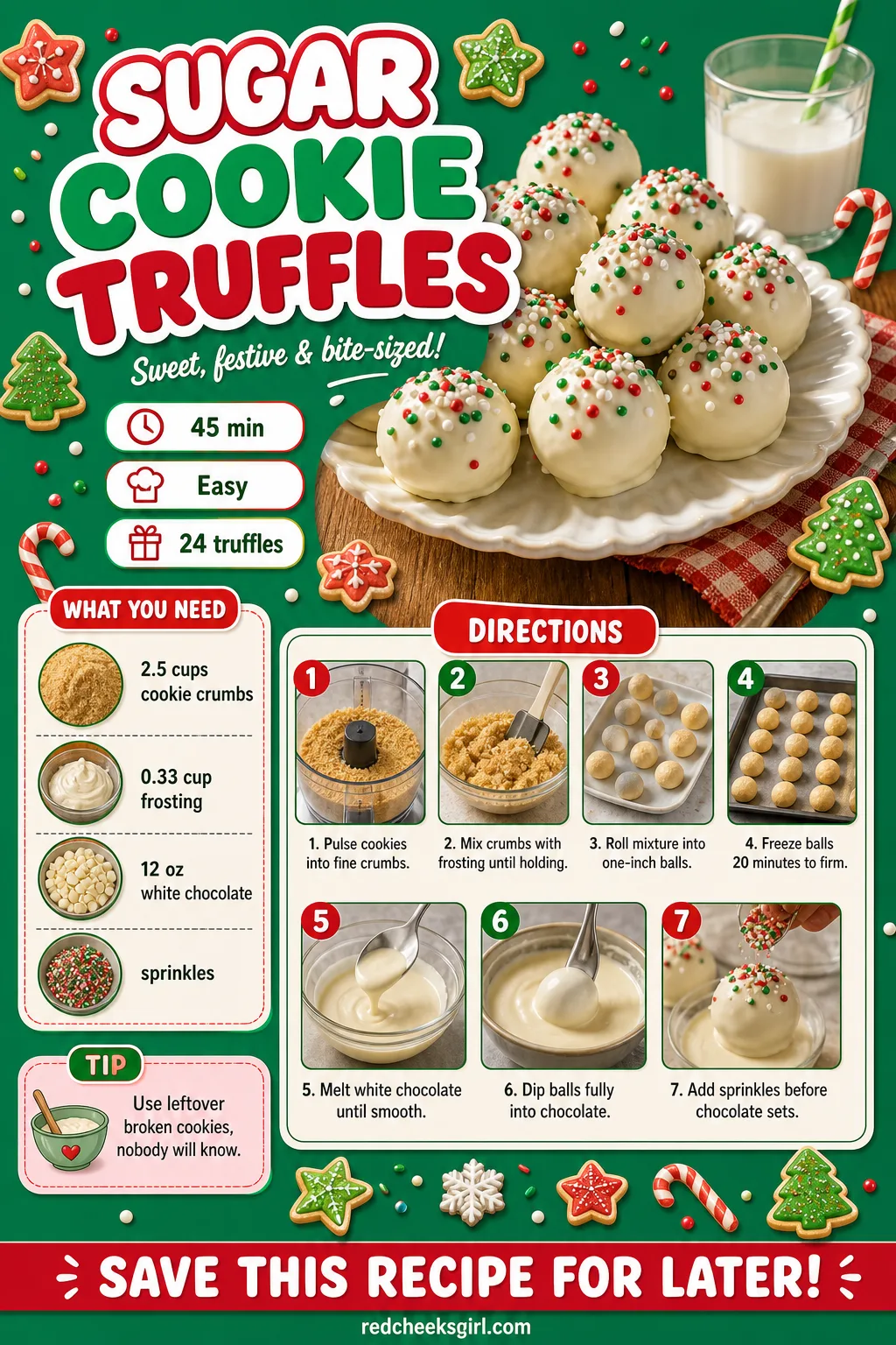 Sugar Cookie Truffles Recipe Card printable sheet — Printable card for no-bake crumb and frosting truffles dipped in white chocolate. Christmas sugar cookies