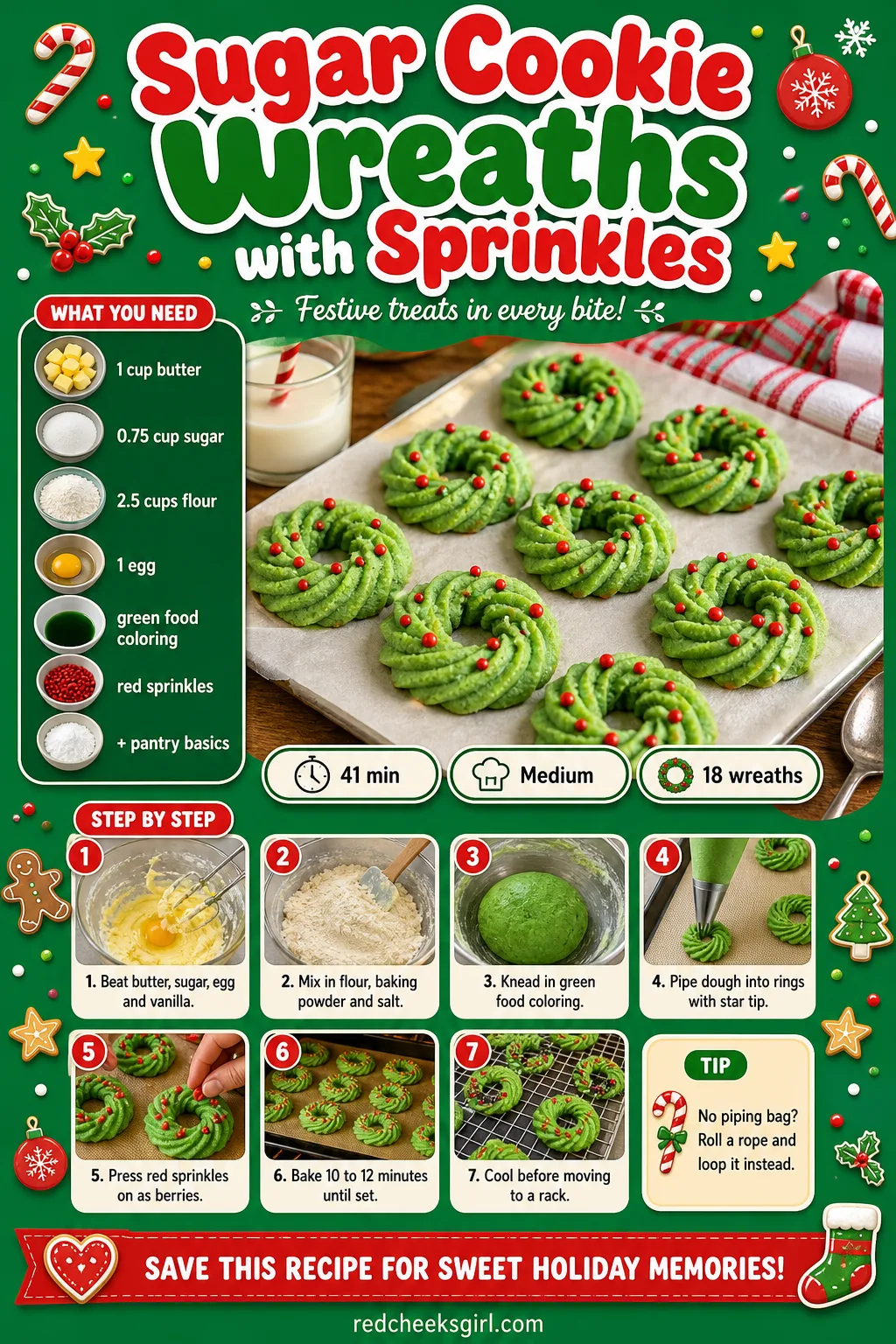 Sugar Cookie Wreaths with Sprinkles Recipe Card printable sheet — Printable card for piped green wreath rings dotted with red sprinkle berries. Christmas sugar