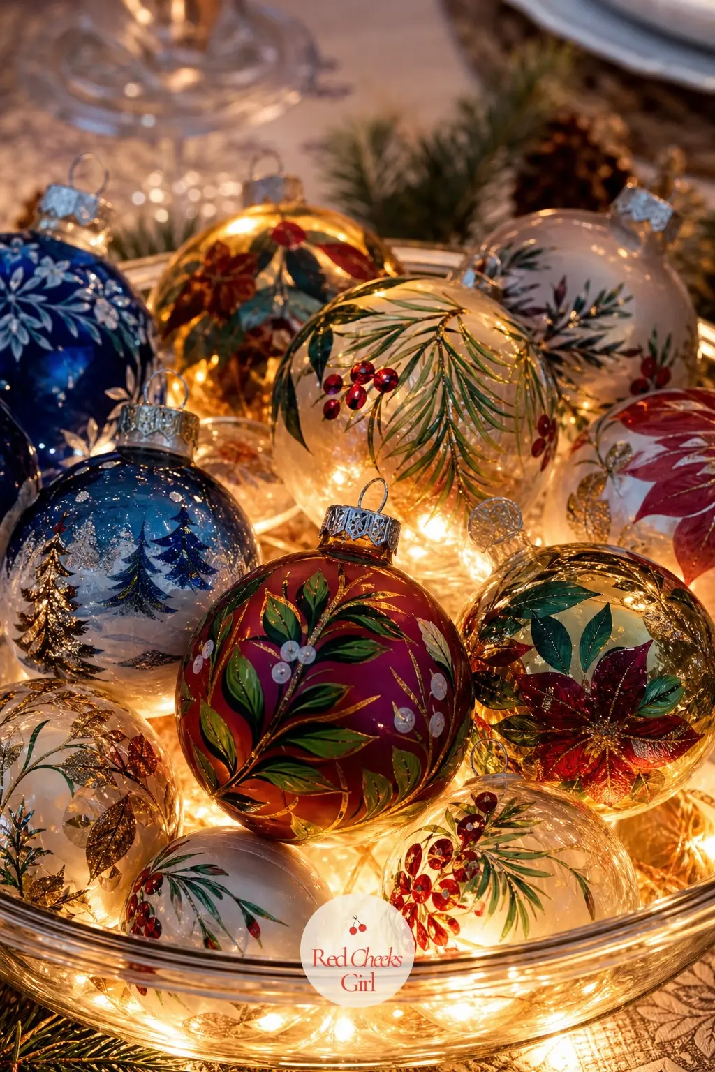 A Cluster of Painted Glass Ball Ornaments Lit From Beneath — A low glass bowl filled with mismatched ornaments and set over a flat LED puck light glows from