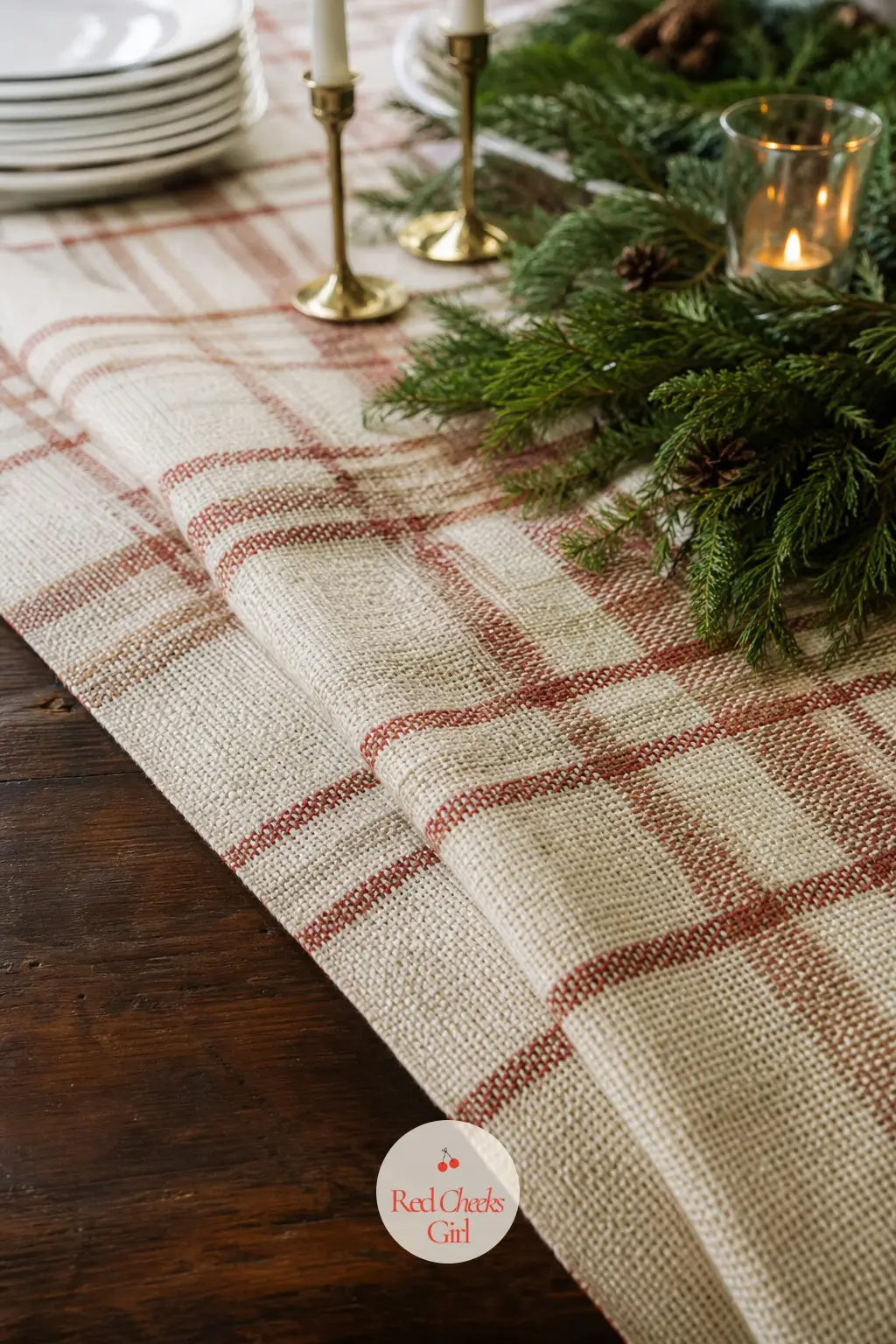 A Cream and Rust Wool Plaid Runner Laid Diagonally — Laid straight, a plaid runner looks like a tablecloth that did not fit. Christmas table decorations