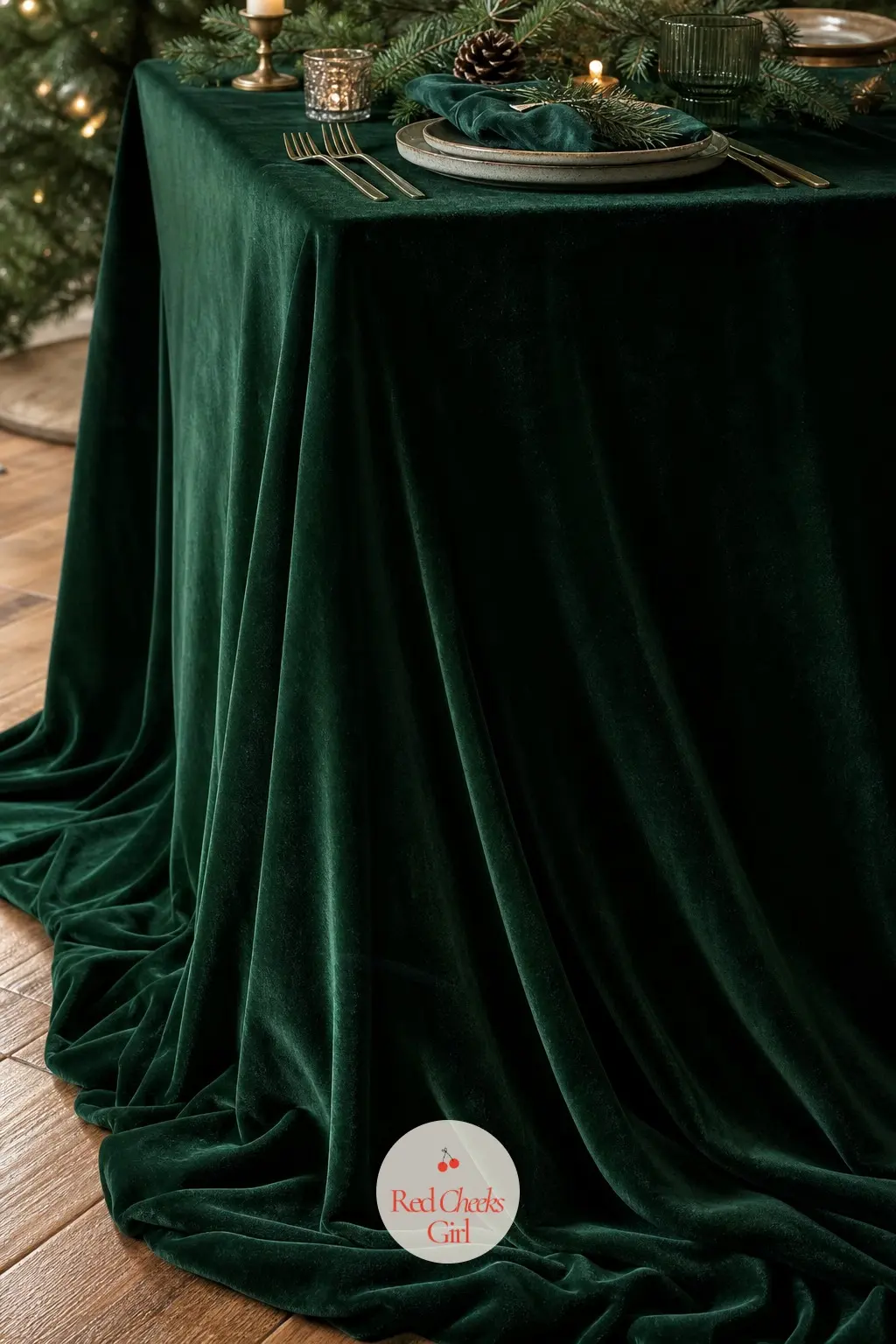 A Deep Bottle-Green Velvet Tablecloth Pooling at the Floor — Velvet that puddles slightly at the floor reads as deliberate rather than ill-fitting, and it