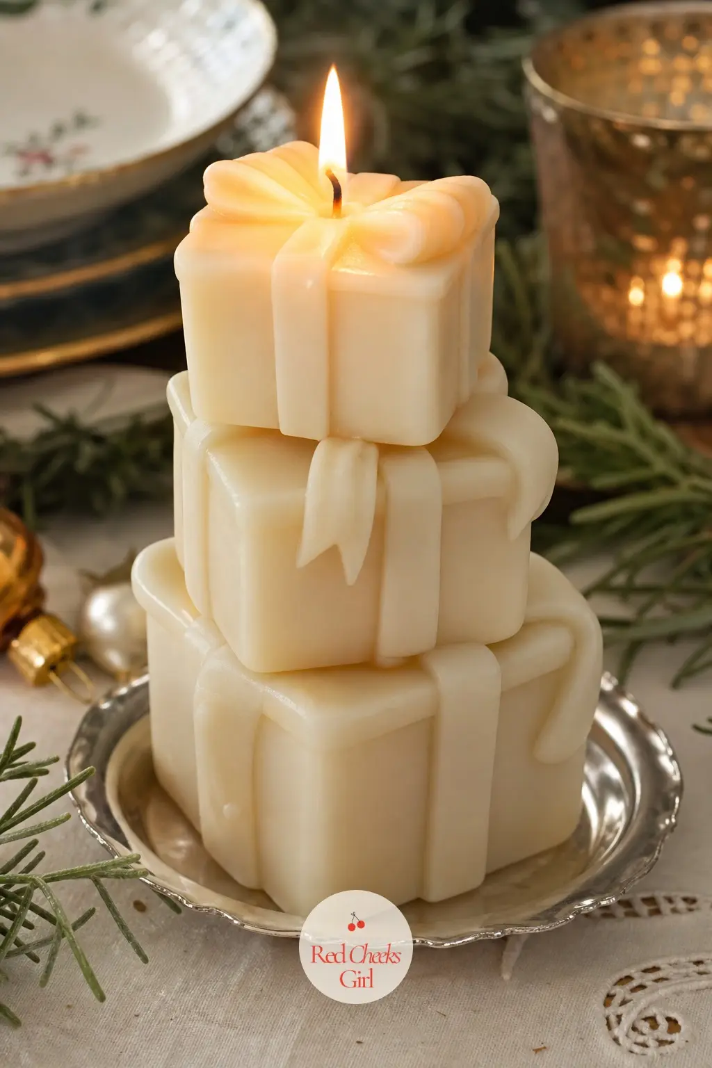 A Fat Candle Carved to Look Like Stacked Gift Boxes — A single sculpted candle shaped like three wrapped boxes stacked together does the work of a whole
