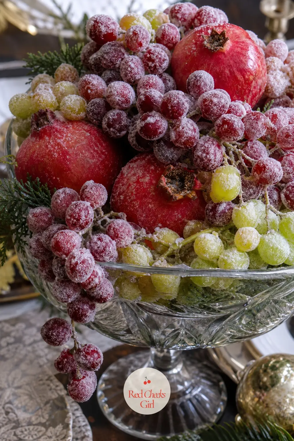 A Glass Compote Piled With Sugared Grapes and Pomegranates — Sugared fruit looks like frost caught mid-fall, and it is genuinely simple to make: egg white