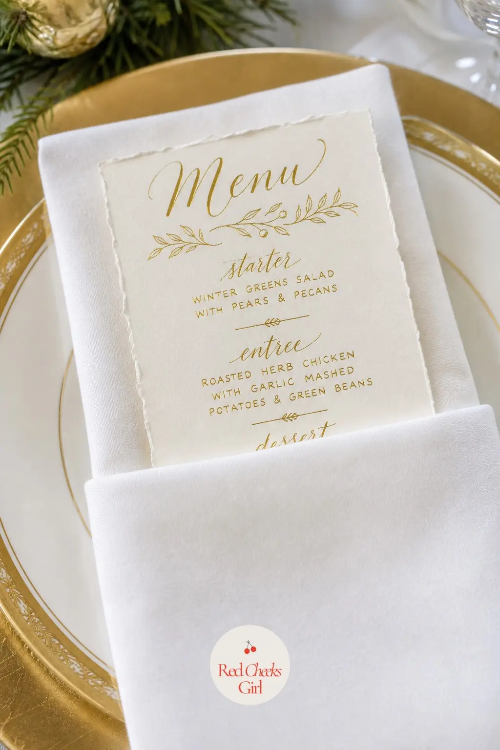 A Hand-Painted Menu Card Tucked Into Each Napkin Fold — A short, hand-lettered menu card does two jobs at once: it tells guests what is coming, and it makes