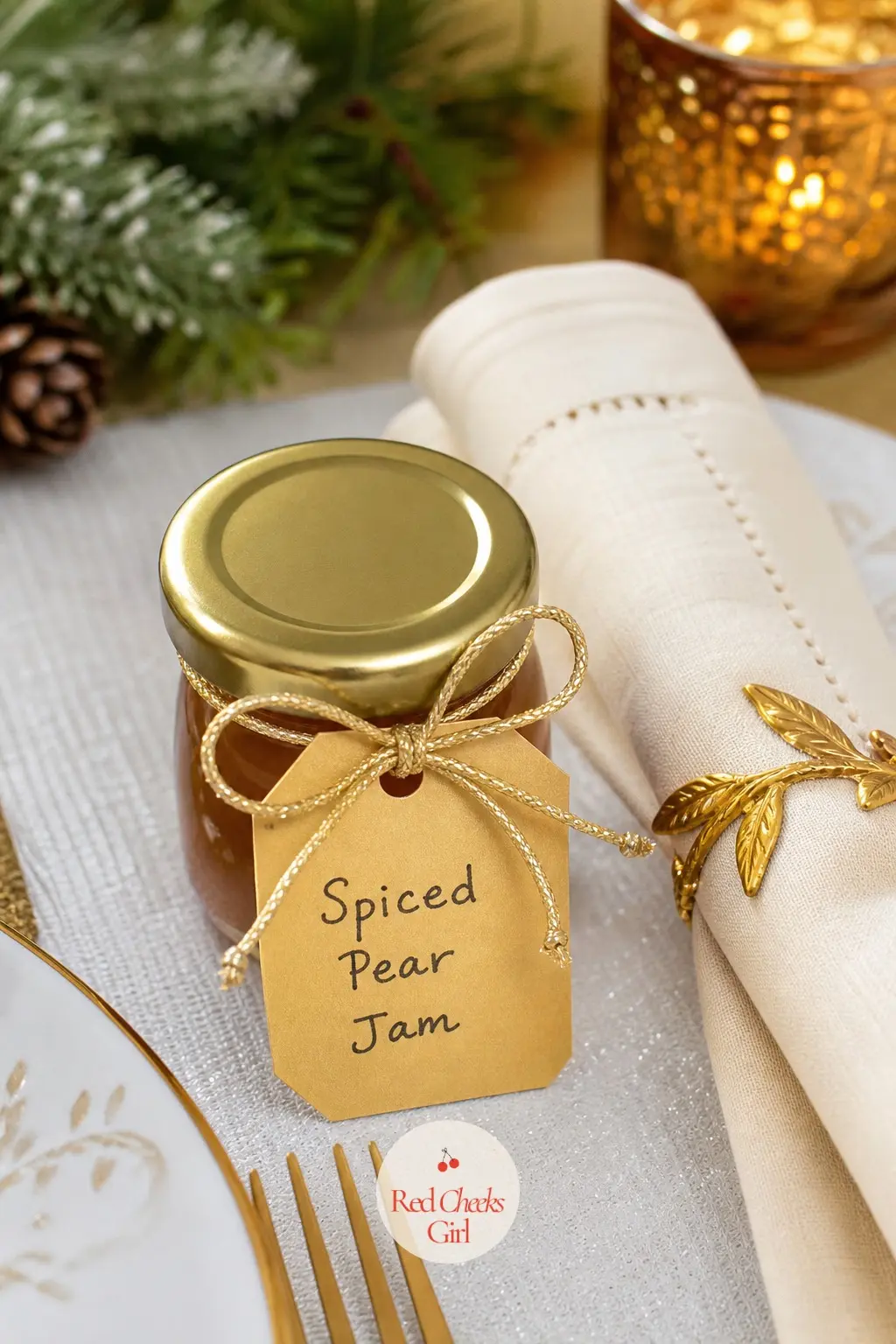 A Mini Jar of Spiced Pear Jam at Each Place — A small jar of homemade or good shop-bought spiced pear jam, tied with a painted gift tag bearing a guest's name