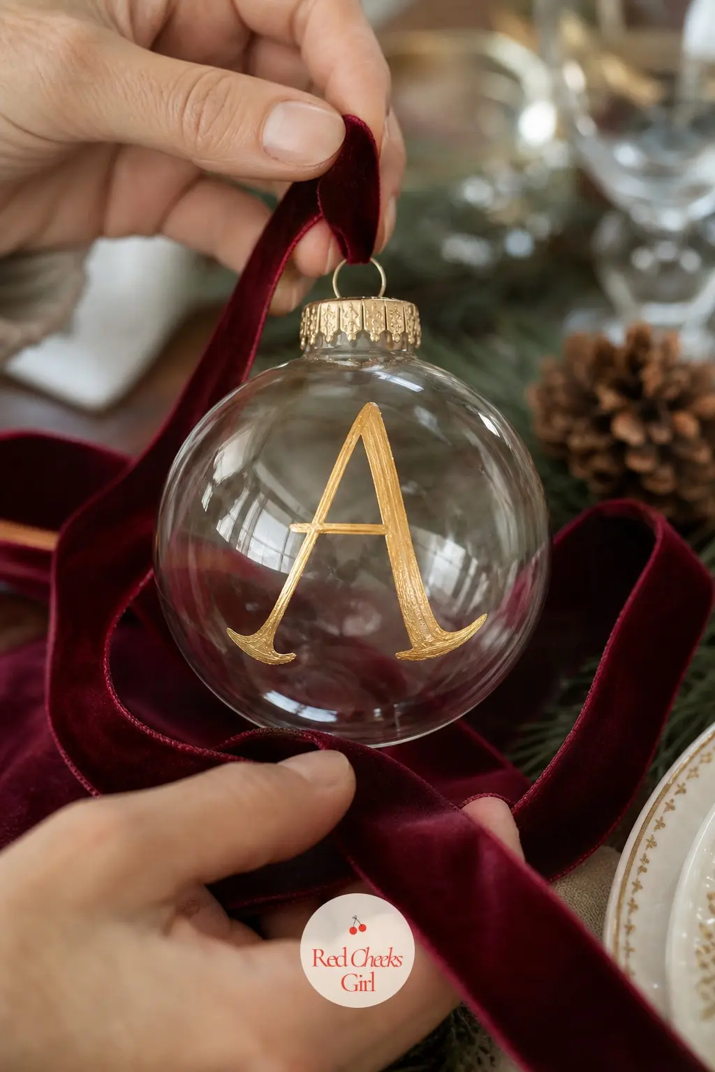 A Painted Glass Ornament Personalized With Each Guest's Initial — A plain glass ball ornament, hand-painted with a single initial and nestled into a small loop