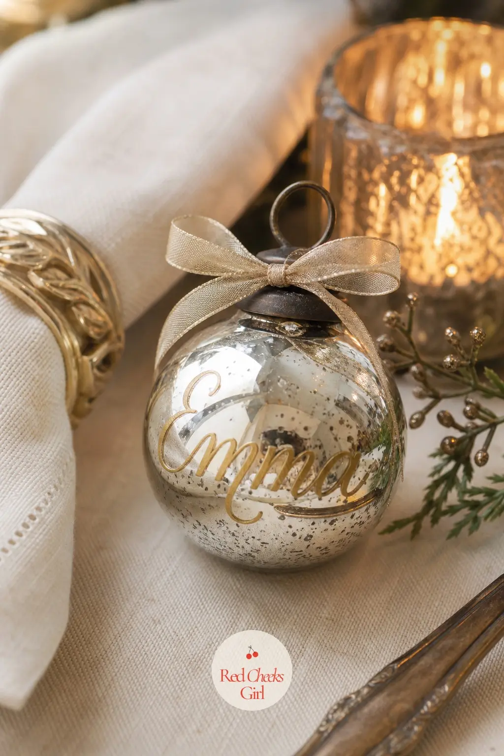 A Place Card Painted in Gold on a Mini Mercury-Glass Ornament — Instead of a paper place card, a guest's name painted directly onto a small mercury glass