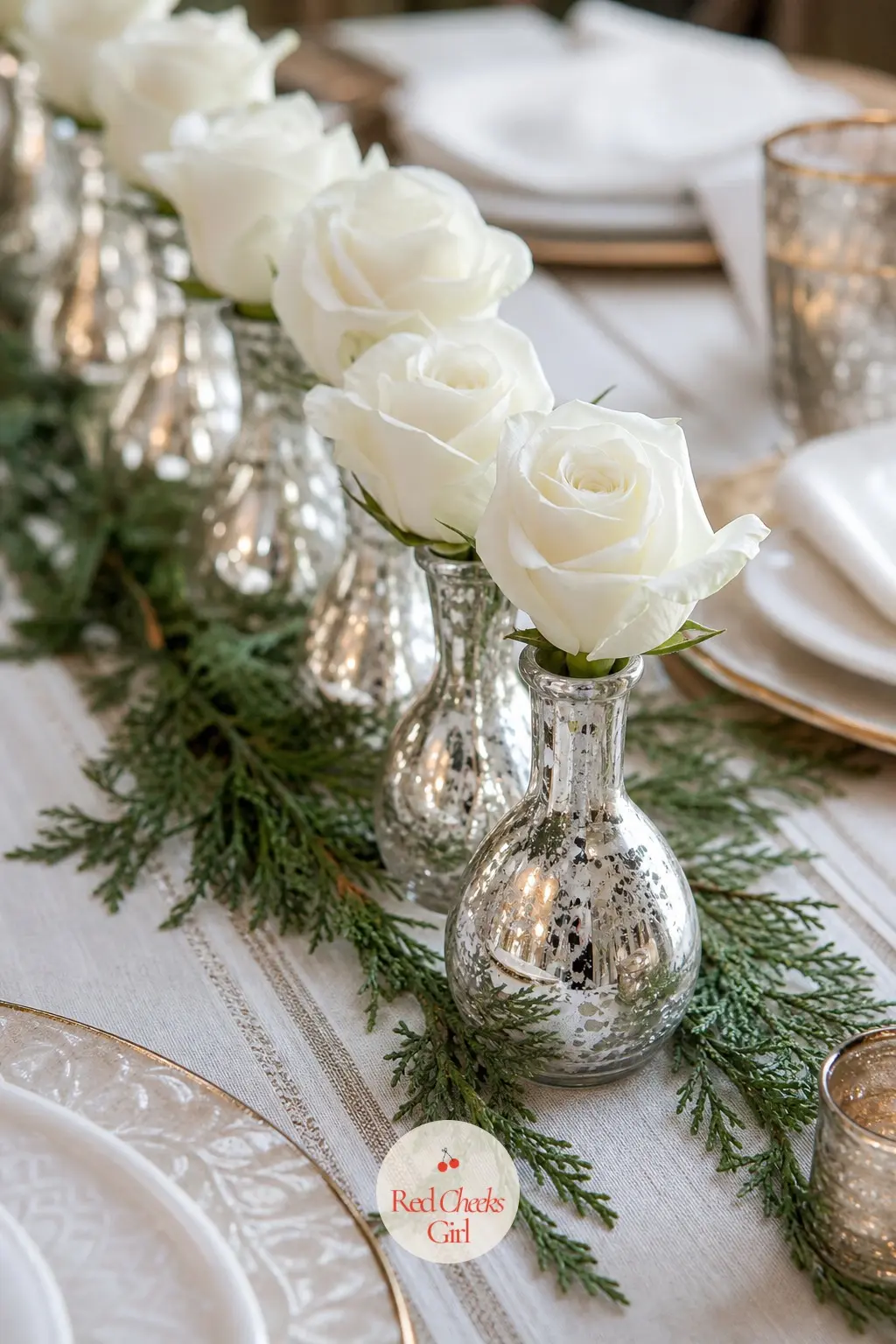 A Row of Mercury-Glass Bud Vases Each Holding a Single White Rose — One stem per vase, repeated six or eight times down the table, reads as far more composed