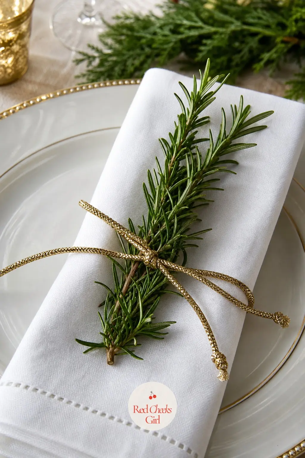 A Sprig of Rosemary Tied to Every Napkin With Gold Cord — Rosemary smells like Christmas cooking before anyone has sat down, and tied to a folded napkin with a