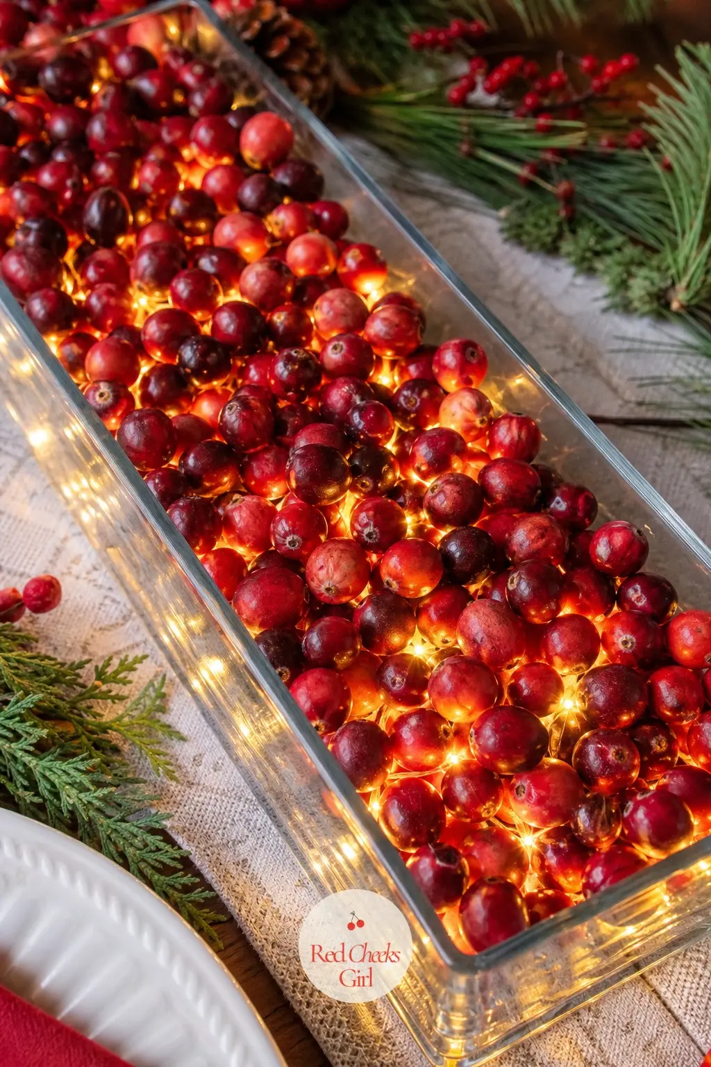 A Strand of Fairy Lights Nested in Fresh Cranberries — A warm white fairy light strand laid in a clear glass trough and buried under a layer of fresh