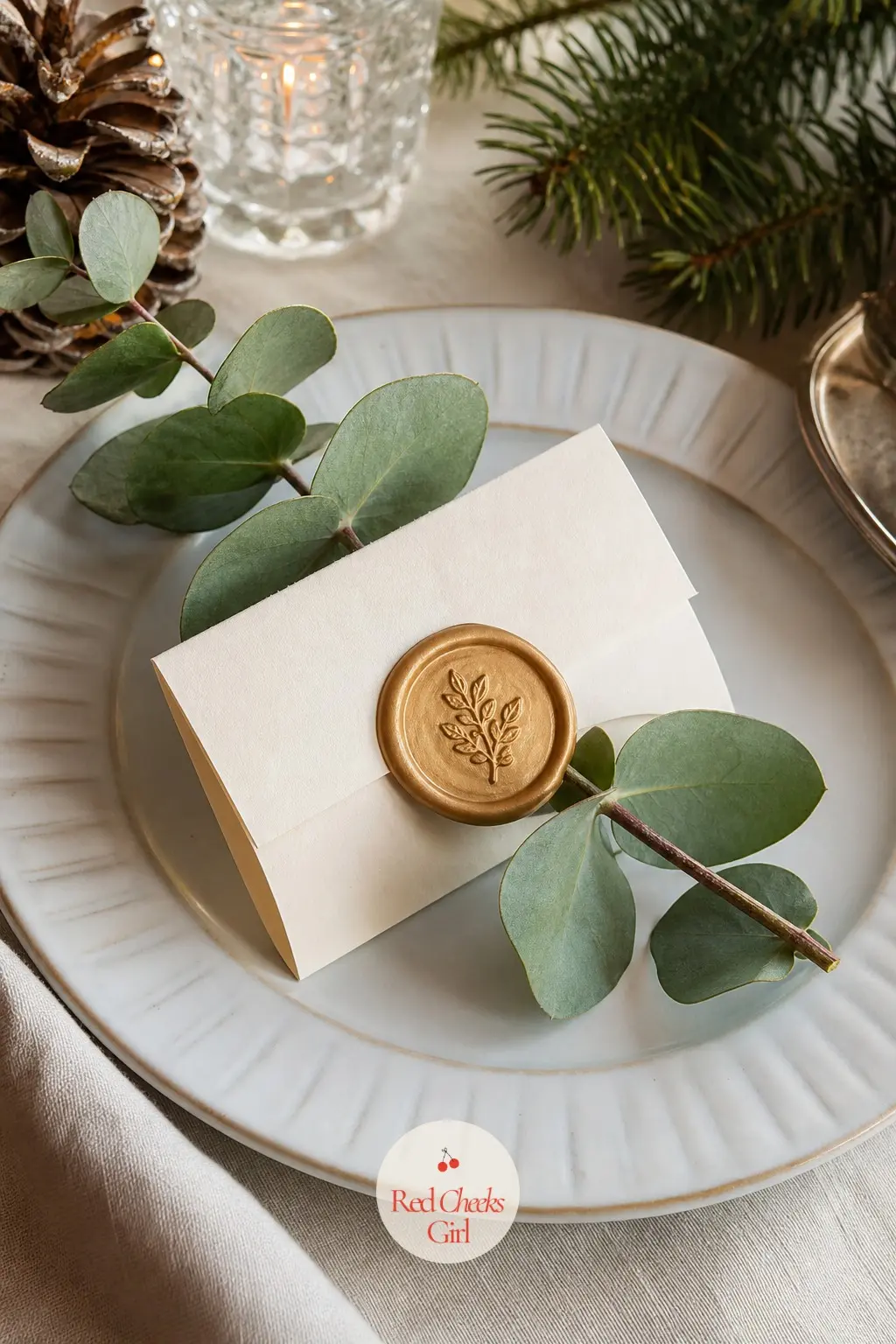 A Wax-Sealed Place Card Threaded Through a Sprig of Eucalyptus — A folded card closed with a wax seal feels like it arrived by hand delivery rather than a