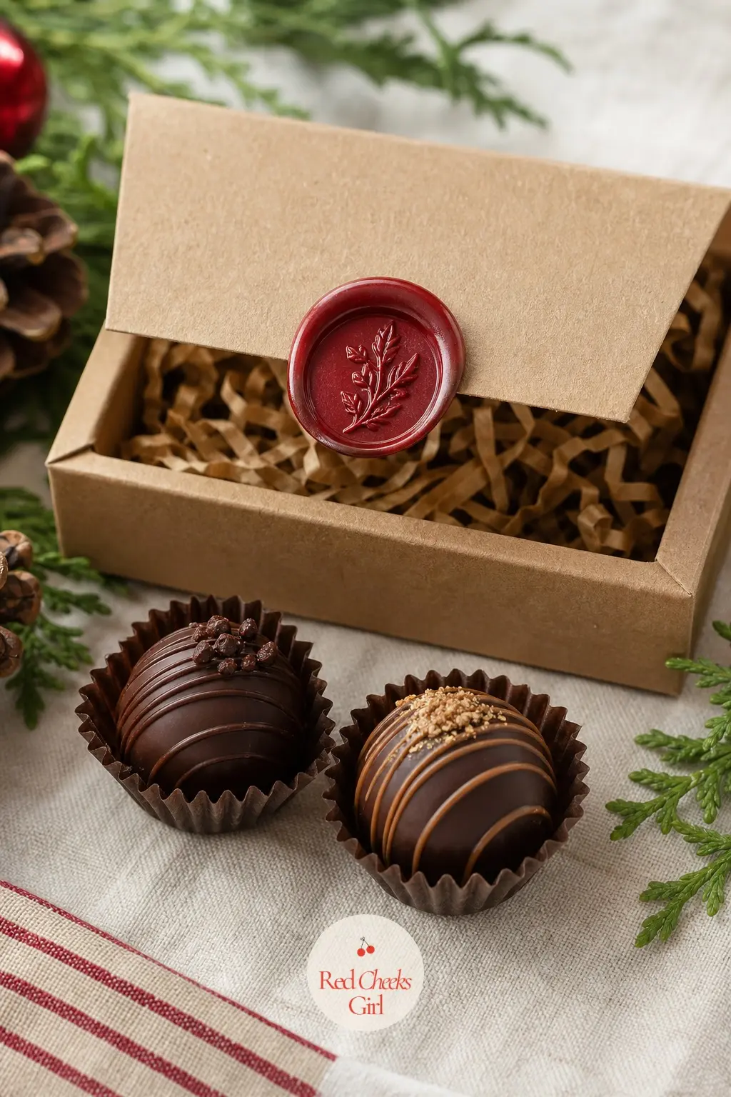 A Wax-Stamped Favor Box Holding Two Chocolate Truffles — A small folded box closed with the same wax seal stamp used on the place cards earlier ties the whole