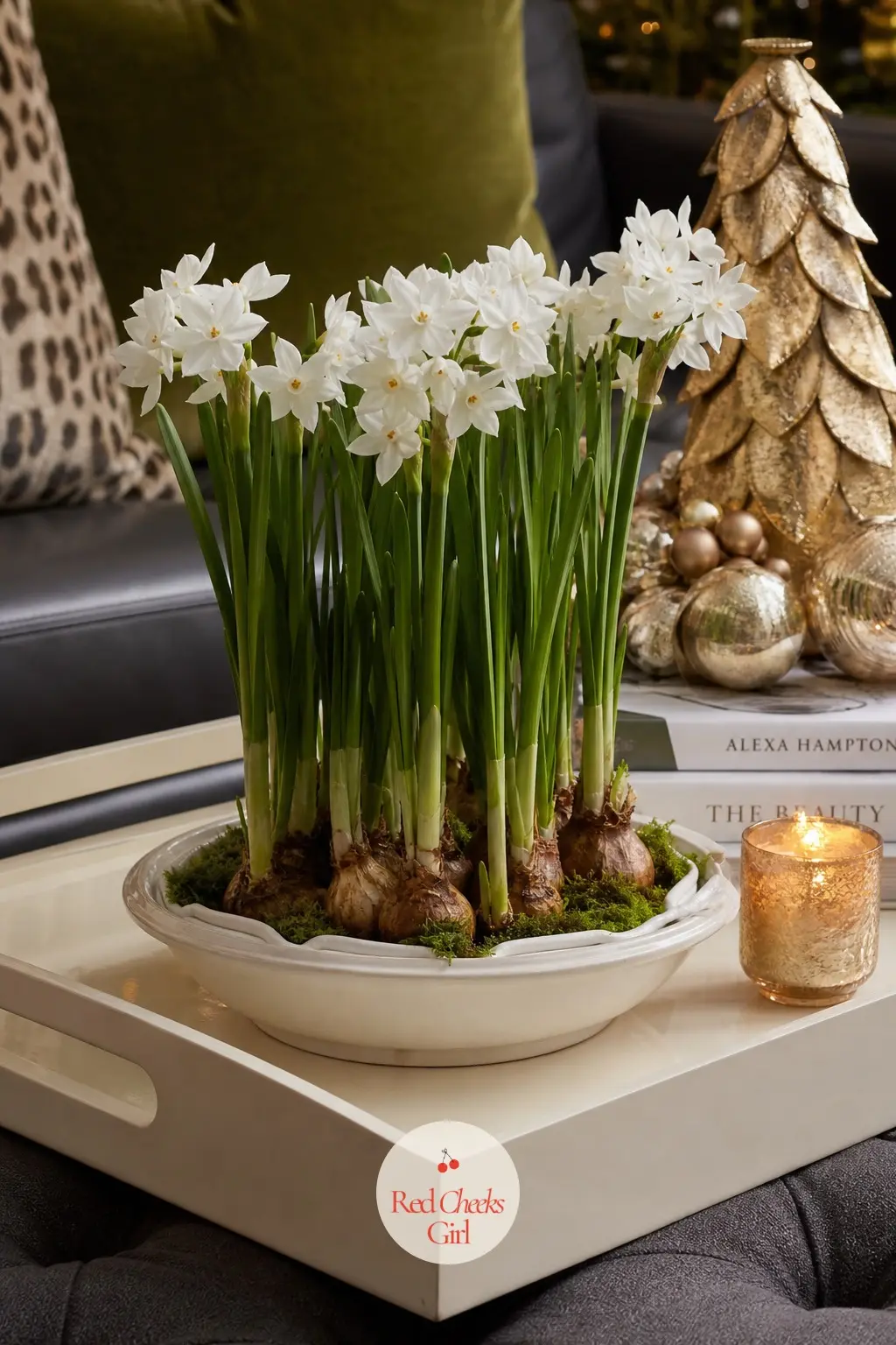 A Lacquered Ottoman Tray With Forced Paperwhite Bulbs in a Low Dish — A shallow ceramic dish of forced paperwhite bulbs, their white blooms and soft gold