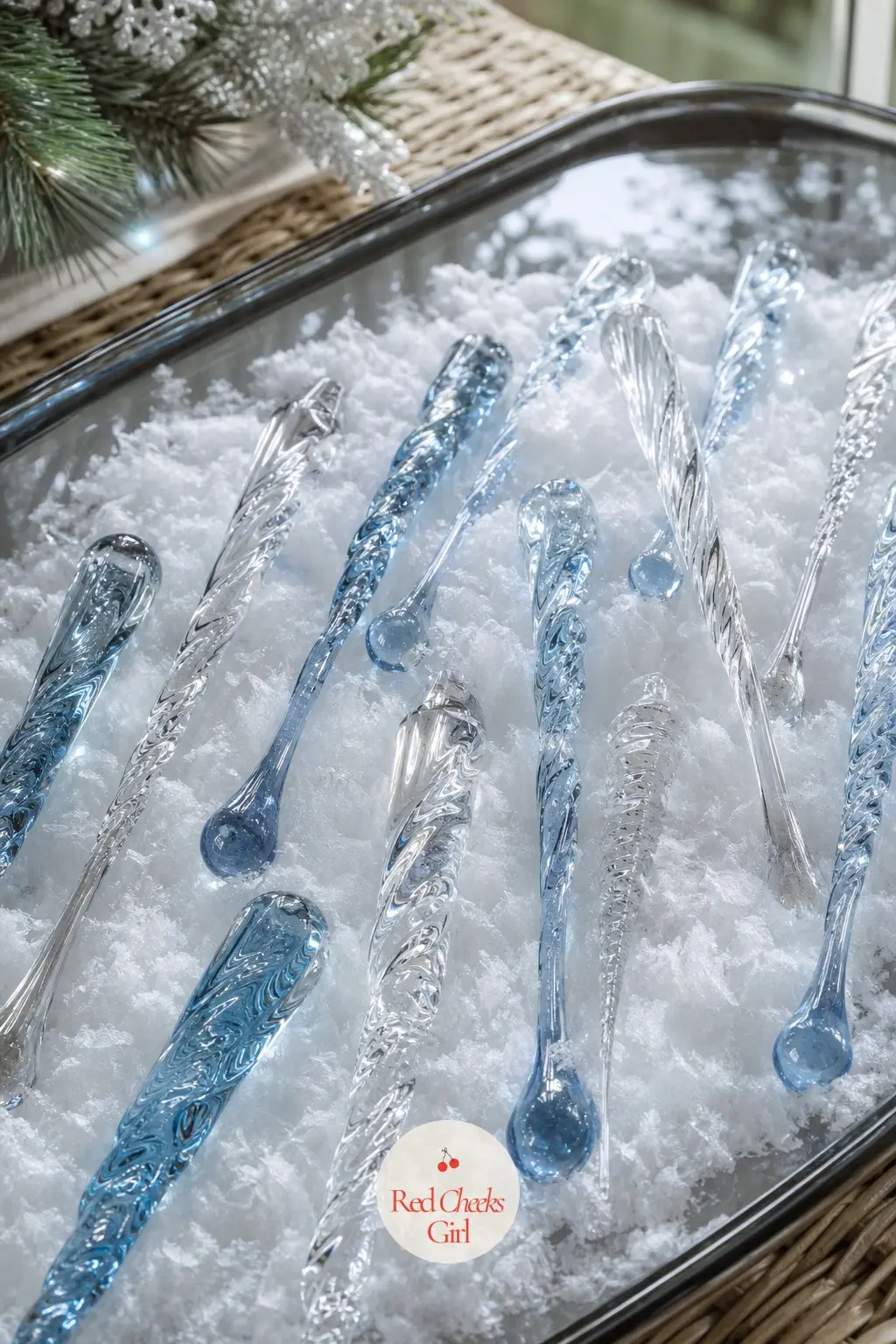 A Smoked Glass Tray of Crystal Icicle Drops Set in Drifted Faux Snow — A shallow smoked glass tray holds a soft drift of faux snow with crystal icicle drops