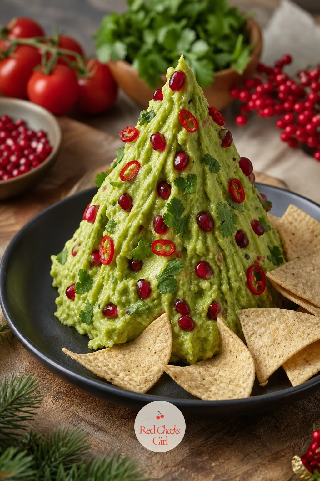 Guacamole Tree — Plain guacamole in a bowl disappears into the rest of the spread within the first ten minutes. Christmas tree appetizers