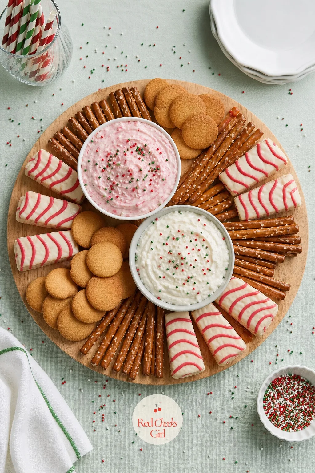 Cake Dip Board — Put the bowl of dip in the center of a large board and build dippers out around it in rings: vanilla wafers closest in, then pretzel rods