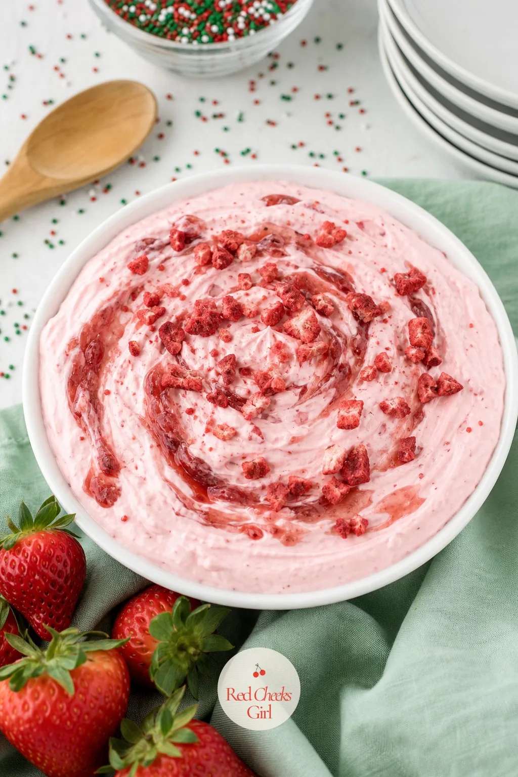 Strawberry Cake Dip — A few tablespoons of strawberry preserves swirled through at the very end, not fully mixed, gives you ribbons of pink through the pale