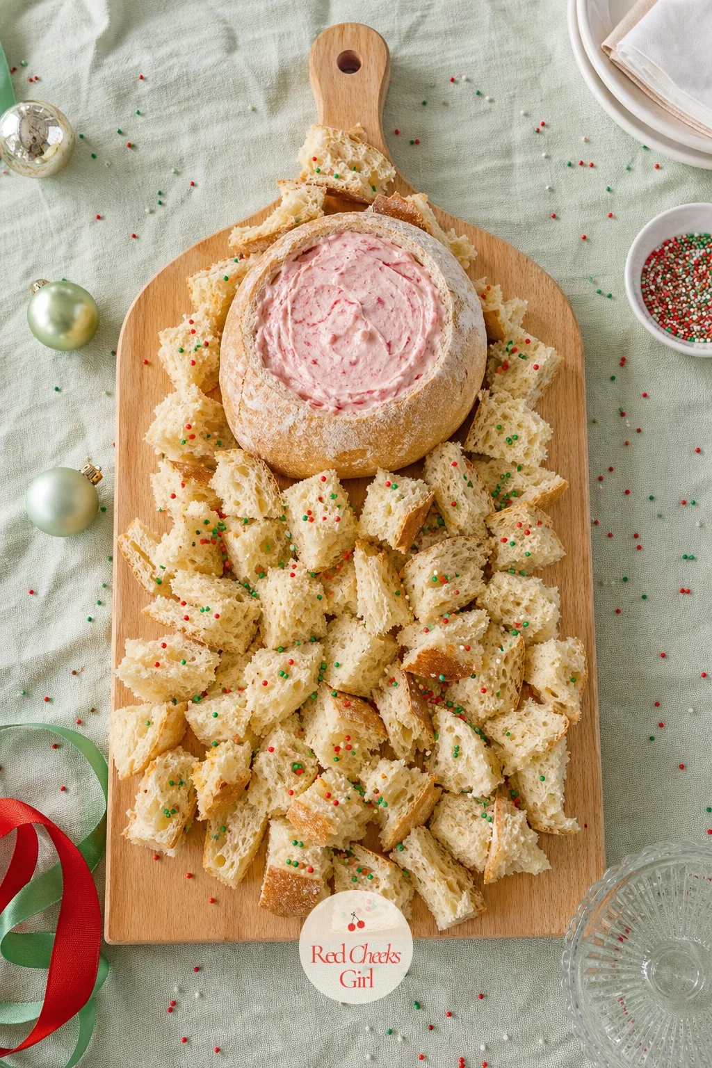 Tree Bread Bowl Cake Dip — Hollow out a round sourdough loaf and fill the well with the classic dip, then tear the scooped-out bread into pieces and arrange